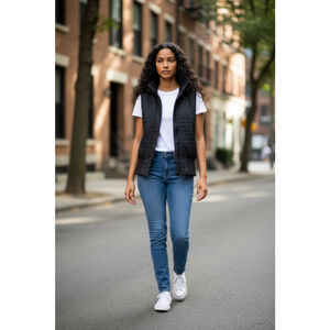 Theory Puffer Down Vest Womens Black Crispin Down Quilted Rib Knit Collar